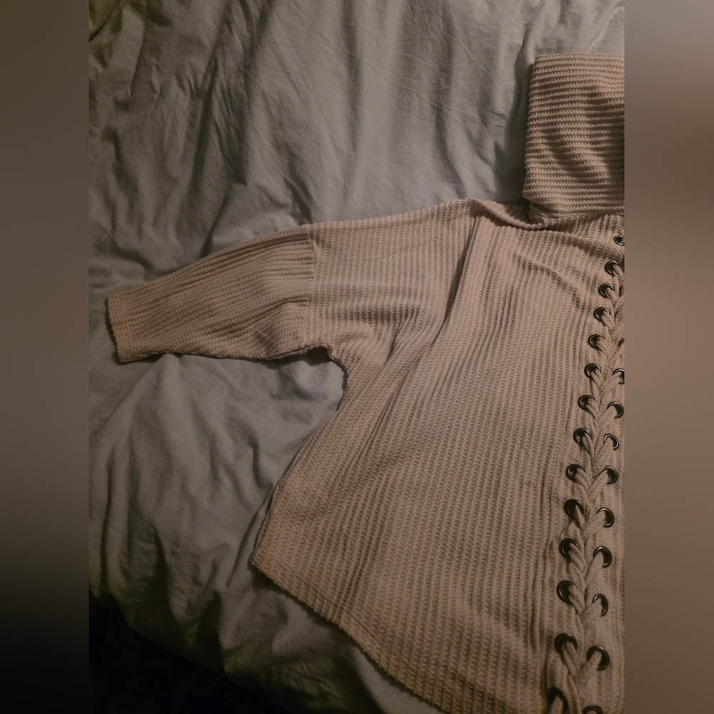 Waffle Sweater with Lace-Up Back
